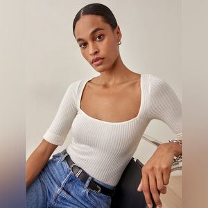 Reformation Leanne Cream Ribbed Square Neck Knit Top